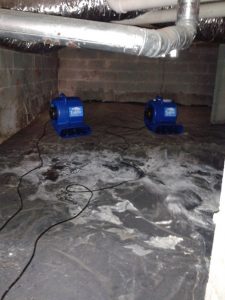 Water damage drying timeline: drying equipment in a crawl space