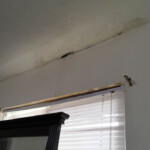 Roof leak water damage and mold on a ceiling